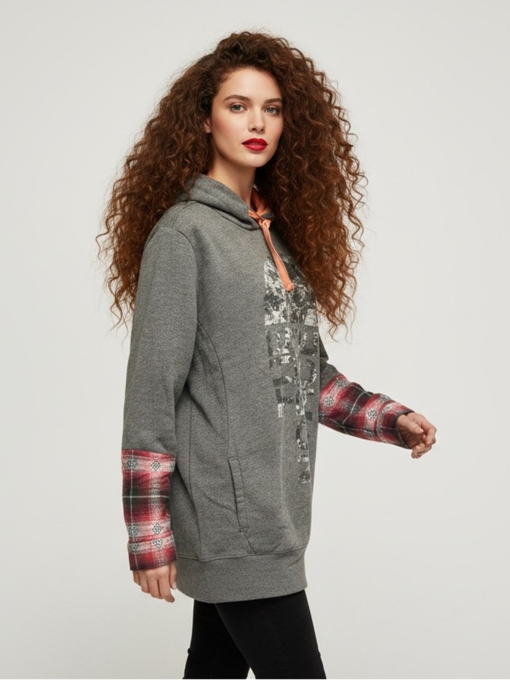 The North Face Distressed Logo Hoodie Upcycled Plaid Trim XL